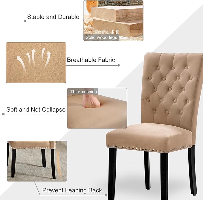 Velvet Dining Kitchen Chair Set of 2, Parsons Upholstered Dining Room Chair, Wood Accent Chair with Nailed Trim, Camel