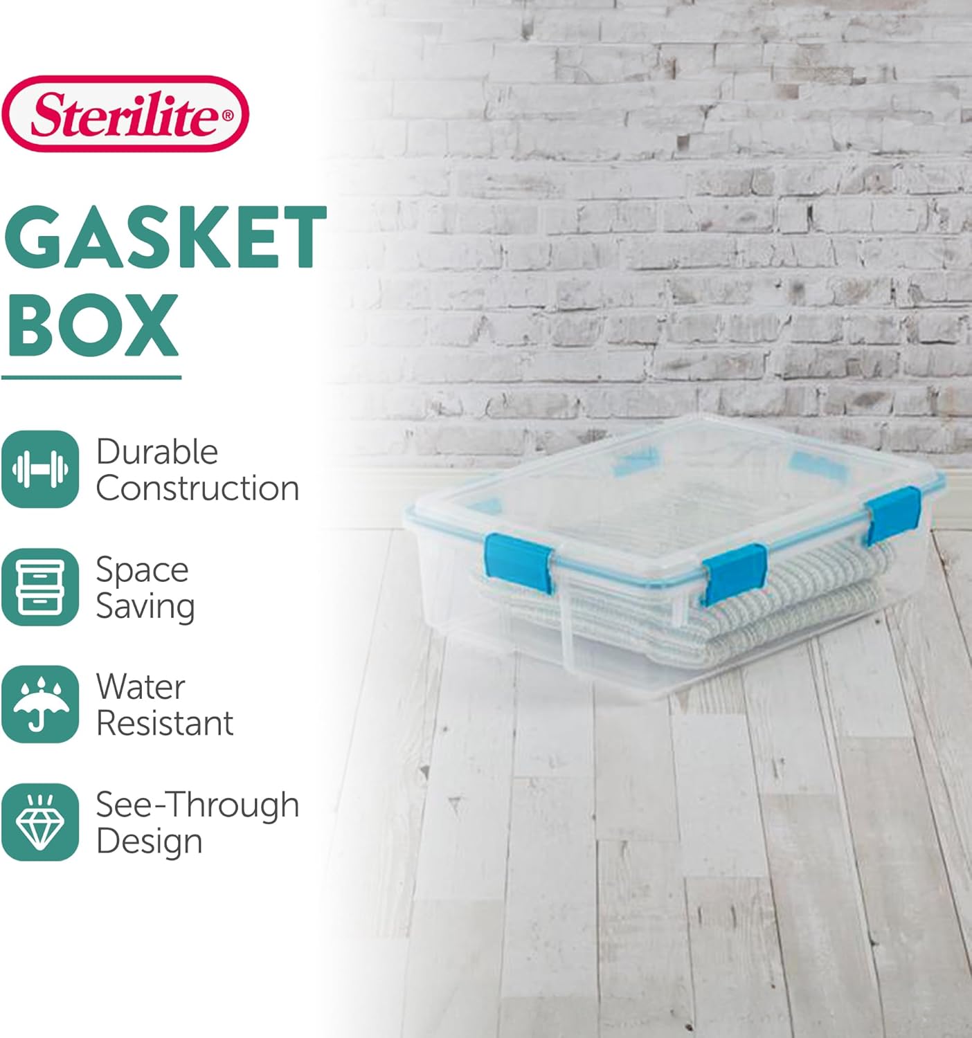 Sterilite 16-Pack Gasket Box, Weather-Resistant Storage Bins with Latching Lids, 37 Quart - Heavy-Duty Organizing Containers for Closet, Bathroom, and Office