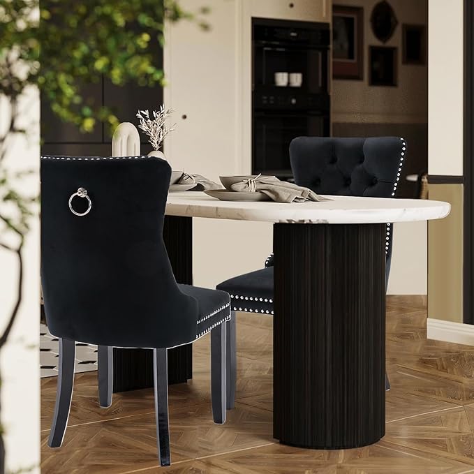 Velvet Upholstered Dining Chairs Set of 2, Modern Style Kitchen Side Chairs with Nailhead Trim and Wood Legs,Metal Pulling Ring for Dining Room Living Room(Black,Set of 2)