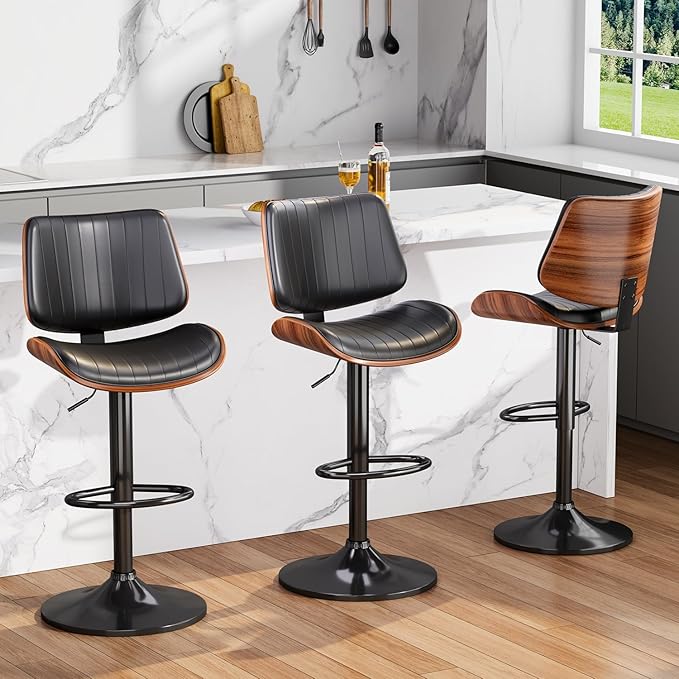 Swivel Bar Stools Set of 4, Adjustable Bentwood Barstools for Kitchen Counter, Modern PU Leather Upholstered Bar Chair with Back and Footrest, for Kitchen Island, Bar, Dining Room, Black