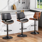 Swivel Bar Stools Set of 4, Adjustable Bentwood Barstools for Kitchen Counter, Modern PU Leather Upholstered Bar Chair with Back and Footrest, for Kitchen Island, Bar, Dining Room, Black