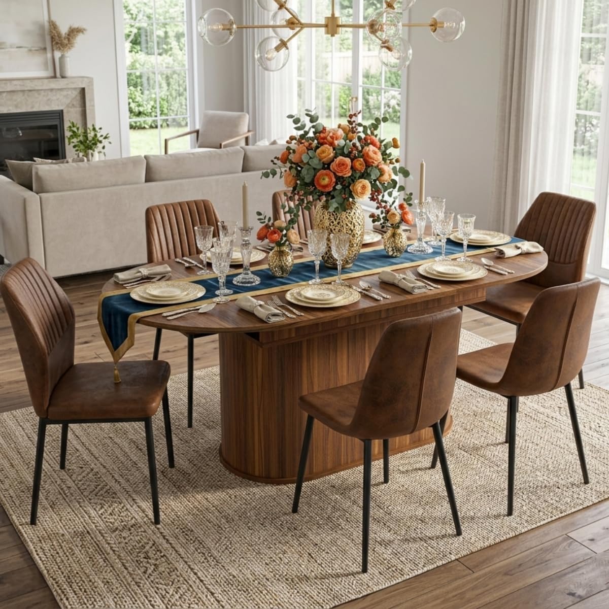 55"-71" Extendable Dining Table Set for 8, Oval Dining Room Table Set for 8, Modern Wood Kitchen Table Upholstered Chairs Set of 8, Ideal for Dining Room,Office, Space-Saving