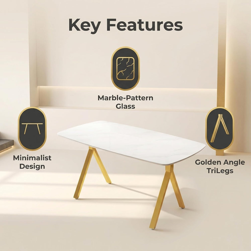Meihua 51.2'' Dining Table with White Marble Pattern Tempered Glass T...