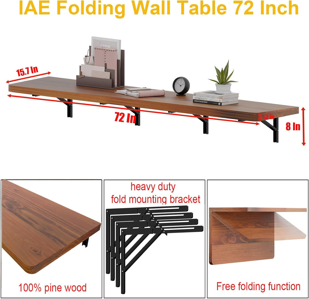 IAE Wall Mounted Folding Table with Pine Wood,72" x 16" Floating Wall Desk,Laundry Folding Table with Shelf Brackets,Fold Down Desk Shelf,Folding Workbench for Home,Dining,Laundry Room,Kitchen,Teak