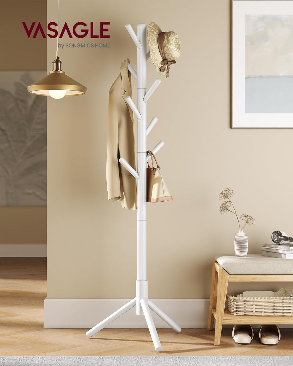 VASAGLE Solid Wood Coat Rack, Free Standing Tree-Shaped Coat Rack with 8 Hooks, 3 Height Options, for Clothes, Hats, Bags, Living Room, Bedroom, Home Office, White URCR04WT