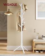 VASAGLE Solid Wood Coat Rack, Free Standing Tree-Shaped Coat Rack with 8 Hooks, 3 Height Options, for Clothes, Hats, Bags, Living Room, Bedroom, Home Office, White URCR04WT