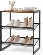 Shoe Rack for Entryway，3 Tier Shoe Storage Organizer，Sturdy Shoe Shelf,Boot Rack with a Fine Mesh Shelves，for Living Room, Hallway，Small Space,11.8 x 16.5 x 19.7 Inches,Brown