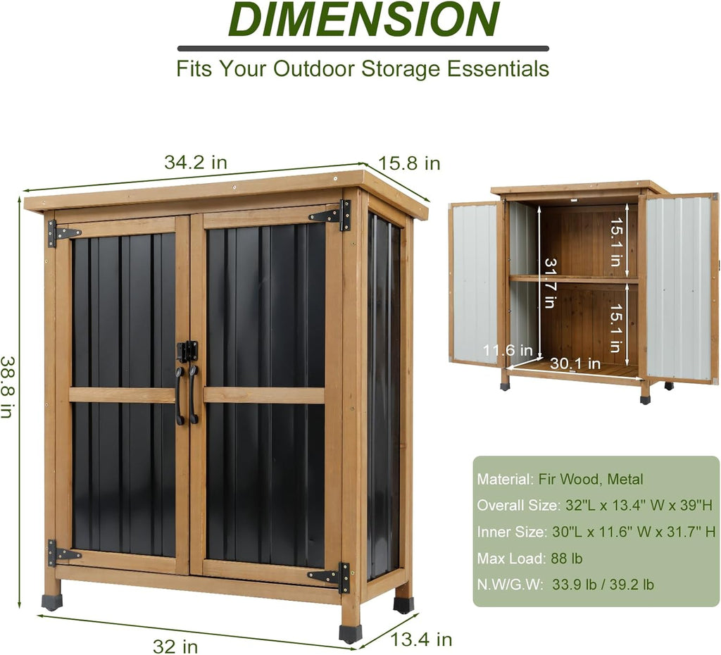 Outdoor Storage Cabinet, Wood & Metal Small Storage Shed with Weather-Resistant Asphalt Roof, Double Lockable Doors & Removable Shelves for Porch, Patio, Garden, Backyard, 32" x 13" x 40"