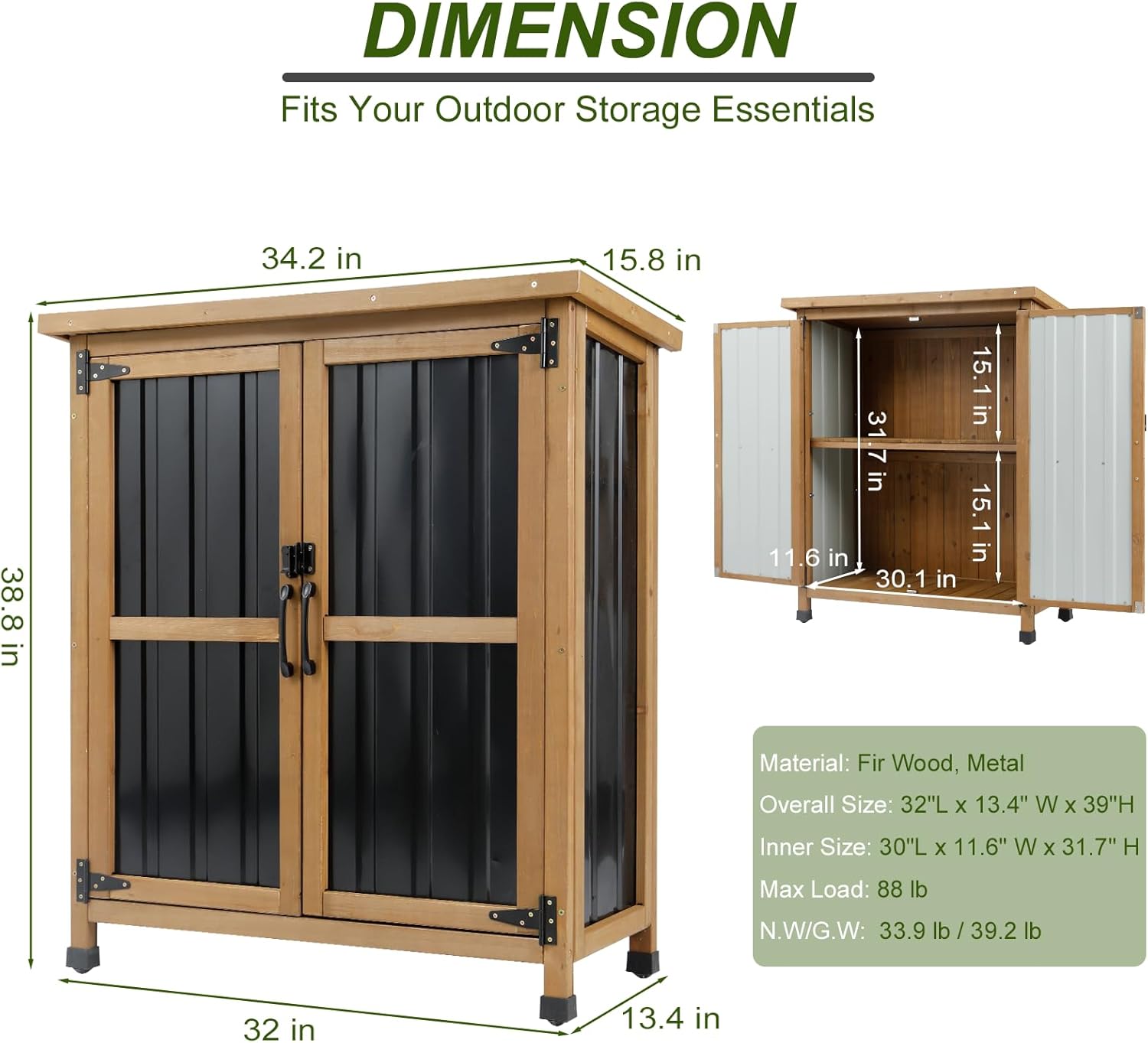 Outdoor Storage Cabinet, Wood & Metal Small Storage Shed with Weather-Resistant Asphalt Roof, Double Lockable Doors & Removable Shelves for Porch, Patio, Garden, Backyard, 32" x 13" x 40"