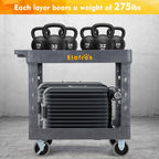 ELAFROS Heavy Duty Plastic Utility Cart 34 x 17 Inch - Work Cart Tub Storage W/Deep Shelves and 2 Fixed 2 Swivel Wheels Safely Holds up to 550 lbs - 2 Tier Service Cart for Warehouse,Garage, Gray
