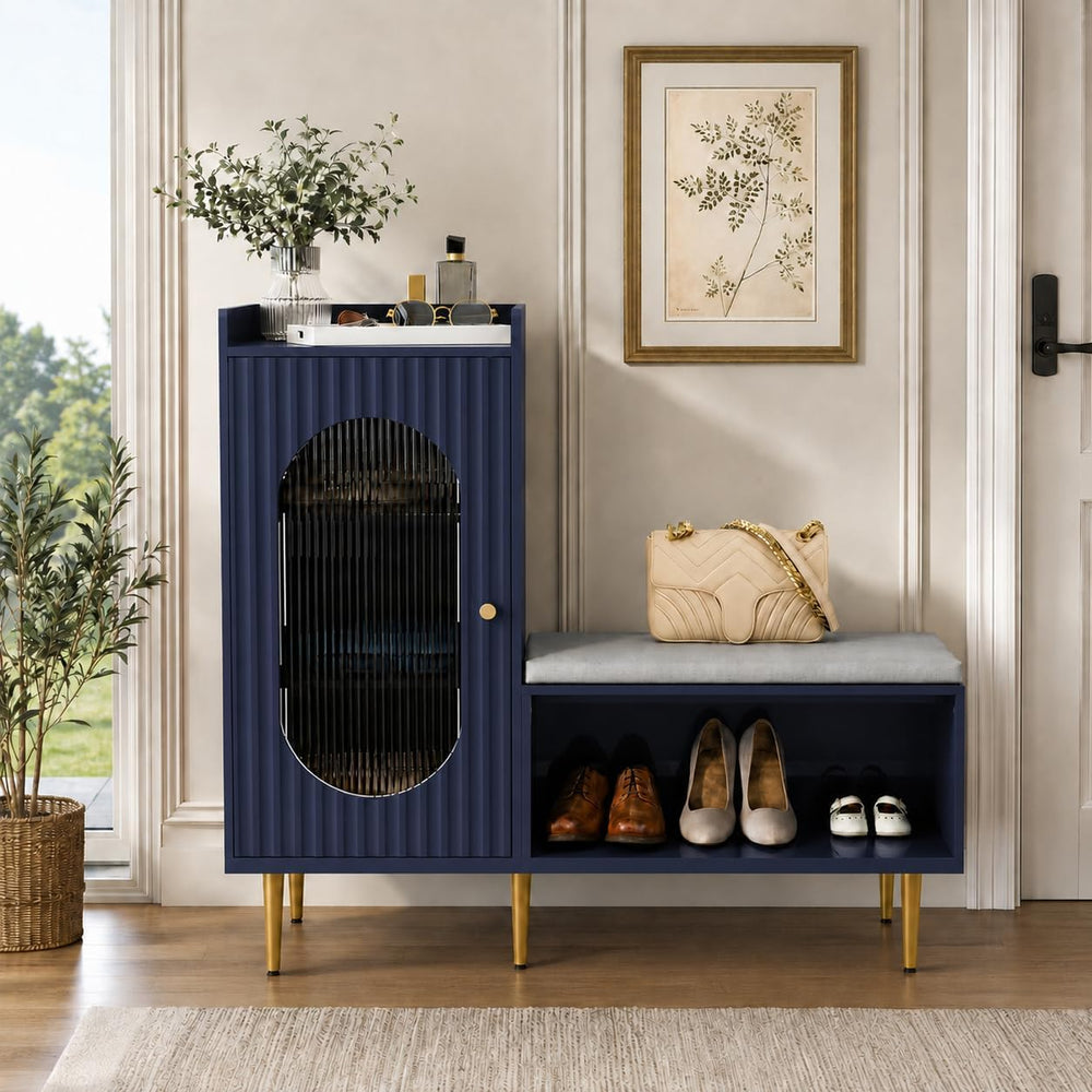 HLR Shoe Storage Bench with Glass Door&Shelf, L-Shaped Shoe Cabinet, Blue...