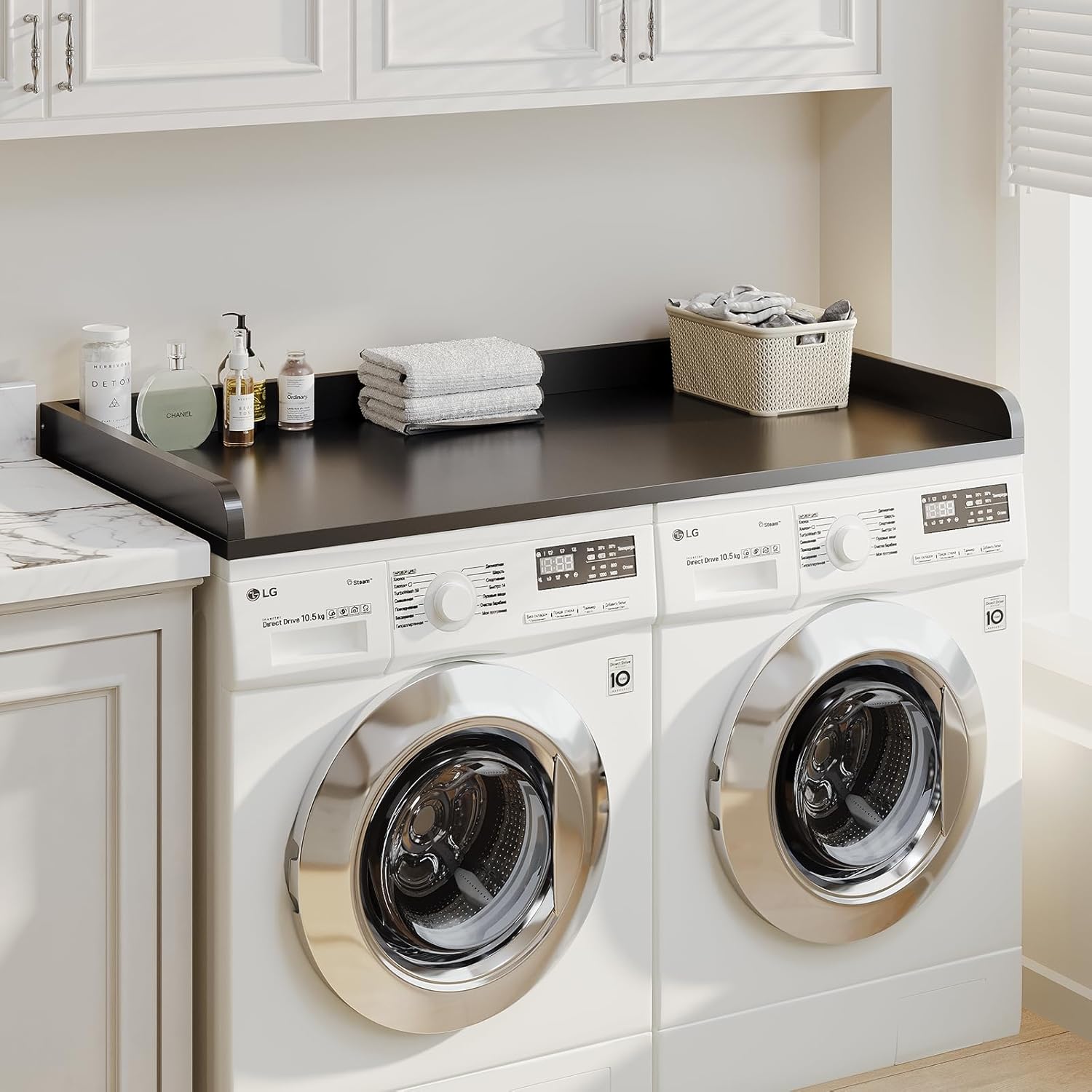 1-Tier Washer Dryer Countertop, 54"W x 27.55"D Laundry Countertop with Edge Rails and Non-Slip Pad, Washer and Dryer Topper for Laundry Room Storage Organization (Black)