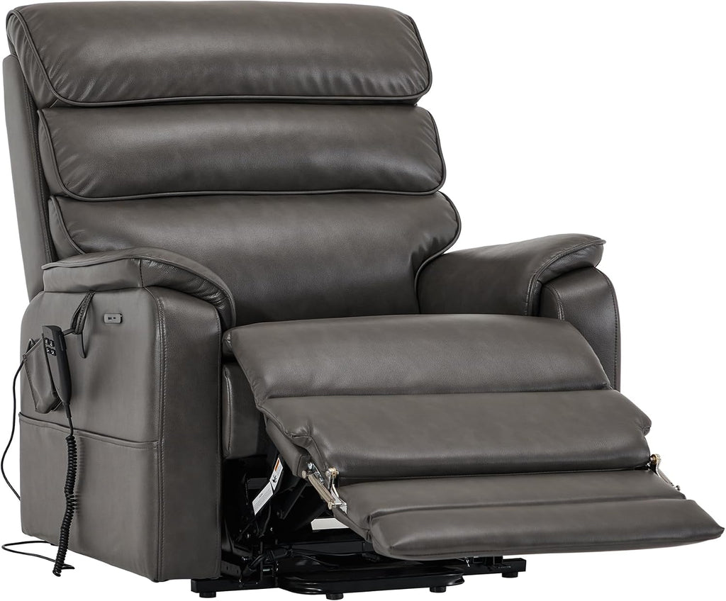 DYNOX 400 lbs Big and Tall Seniors Extended Footrest Power Lift Recliner Chair, Dual Motor, Extra-Wide Seat, Lay Flat, Heat & Massage, USB-C, Faux Leather Grey, 9298L