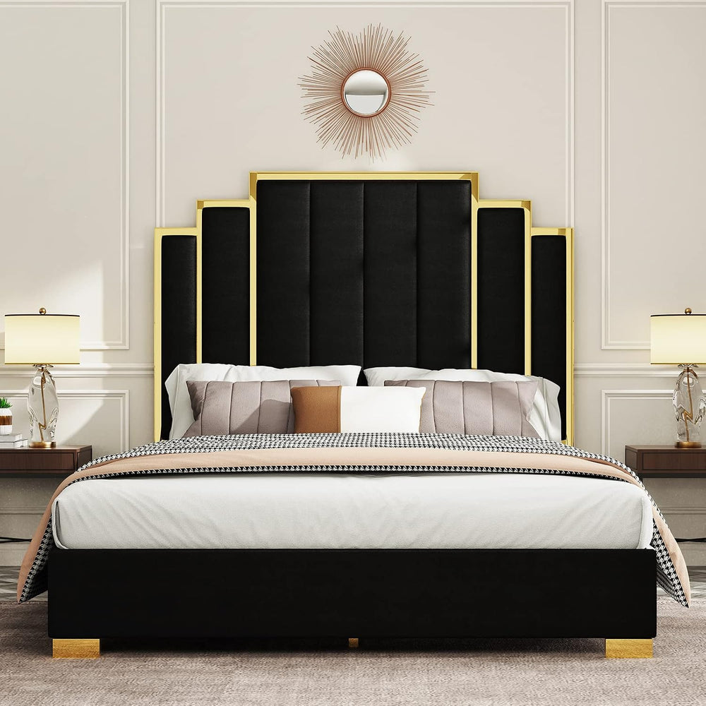 Albott Queen Size Platform Bed Frame, 61.4" Velvet Upholstered Bed with ...