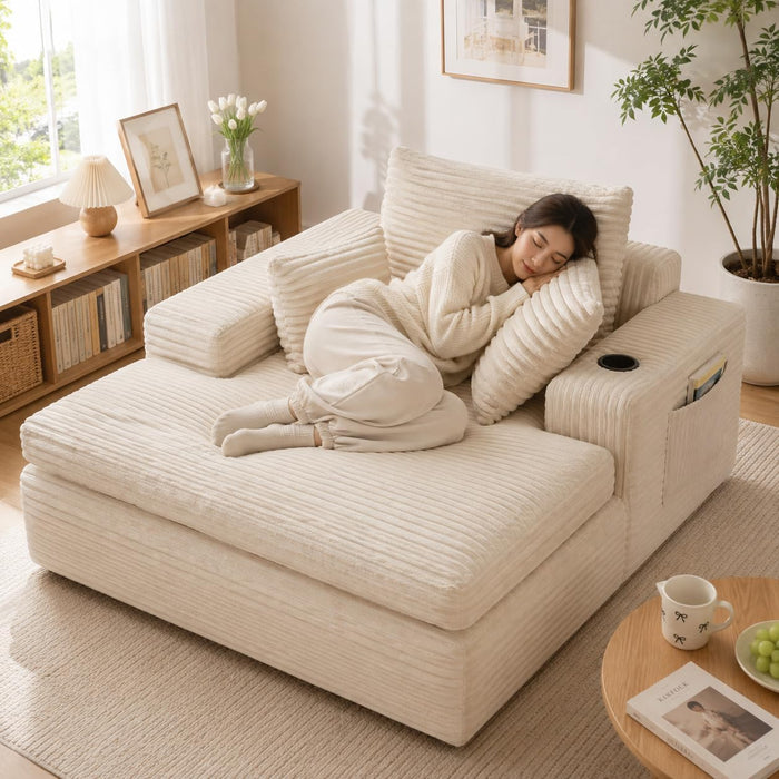 60" Oversized Chaise Lounge Chair Indoor, Boneless Couch,Corduroy Upholstered Sleeper Sofa Bed, 4 Pillows, 2 Cup Holders, No Assembly Comfy Reading Chair for Living Room