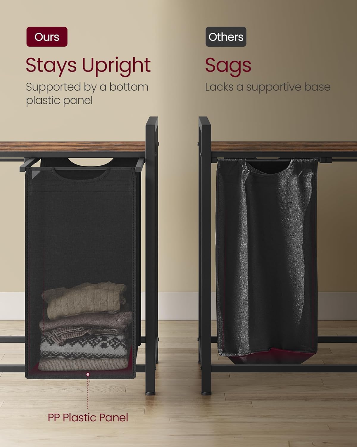 VASAGLE Laundry Hamper, Laundry Basket, Laundry Sorter with 2 Pull-Out and Removable Bags, Shelf, Metal Frame, 2 x 12.1 Gallons (46 L), 28.8 x 13 x 28.4 Inches, Bicolor and Rustic Brown UBLH201X01