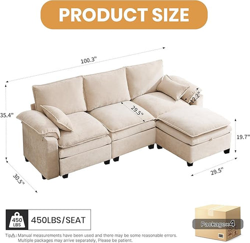 100" L Shaped Modular Sectional Sofa, Couch with Ottoman Storage, Chenille Cloud Couch with Plush Deep Seating for Living Room, Bedroom (Beige, 4 Seat)