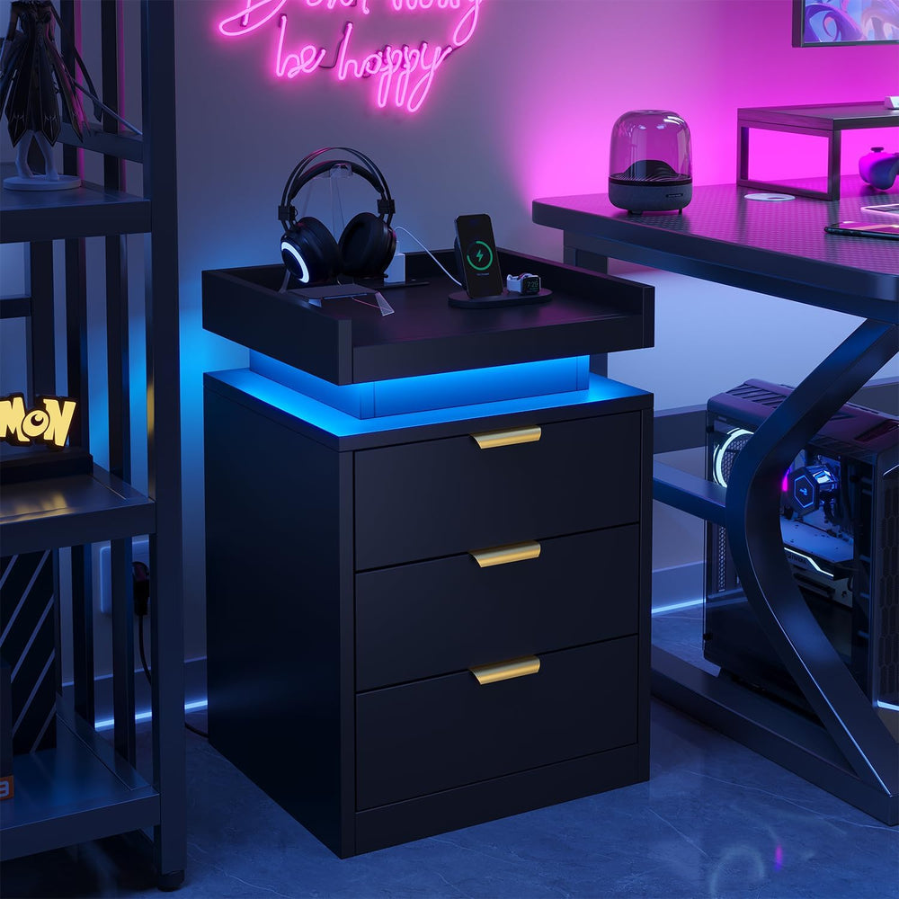 knoworld LED Nightstand with Charging Station & USB Ports, 3-Drawer Bedsi...