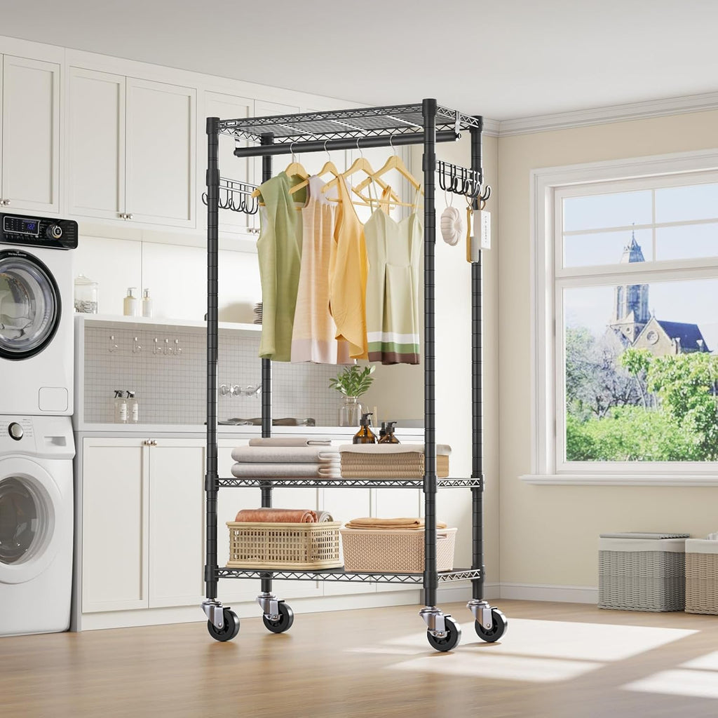 VIPEK R3 Medium Rolling Clothes Racks with Lockable Wheels, Heavy Duty Garment Rack with Adjustable Shelves & Hanging Rod & Side Hooks, Compact Space-Saving Storage for Small Apartments/Dorms (Black)