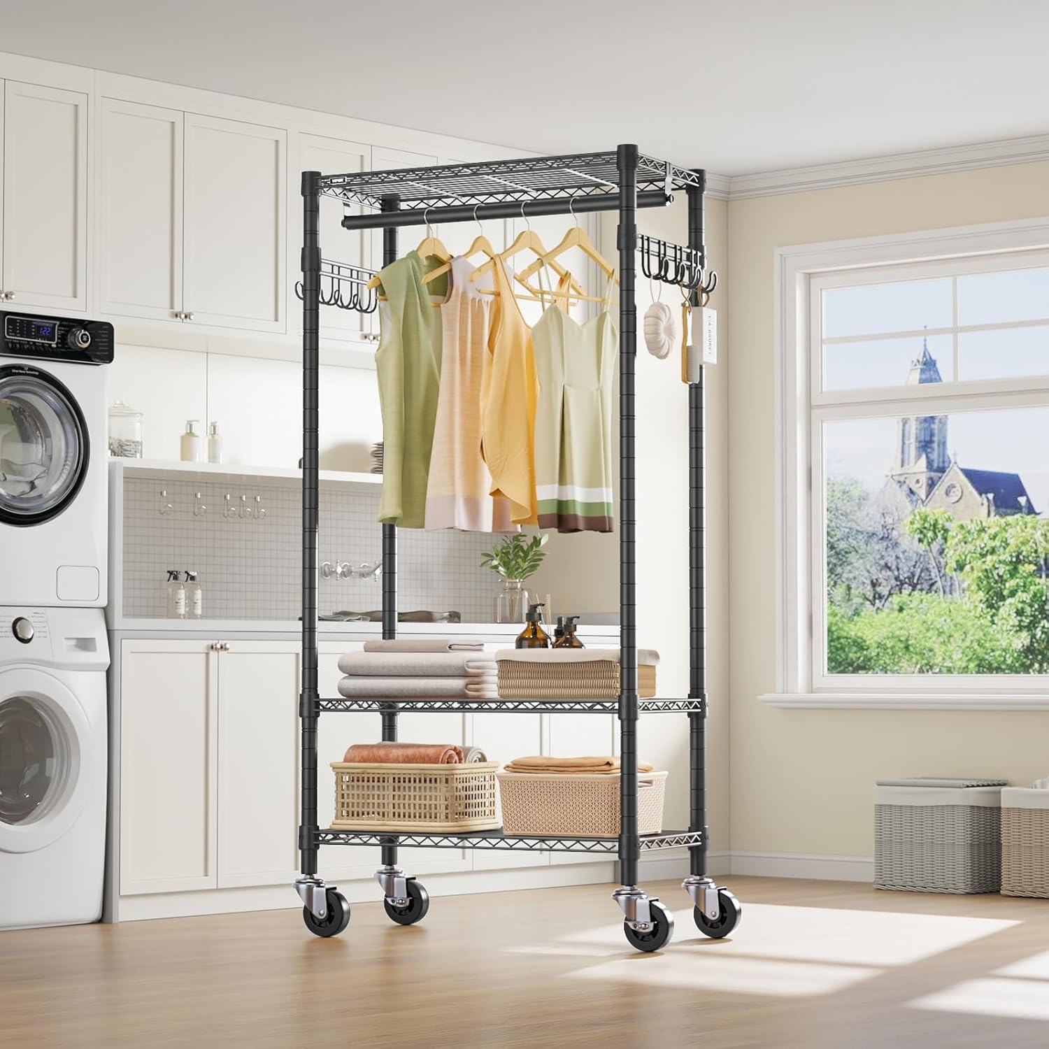 VIPEK R3 Medium Rolling Clothes Racks with Lockable Wheels, Heavy Duty Garment Rack with Adjustable Shelves & Hanging Rod & Side Hooks, Compact Space-Saving Storage for Small Apartments/Dorms (Black)