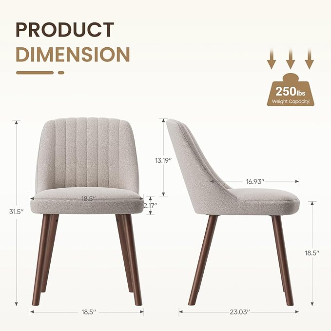 Upholstered Dining Chairs Set of 2, Modern Fabric Kitchen Chairs with Back, Wood Legs for Kitchen Dining Room Restaurant, Camel
