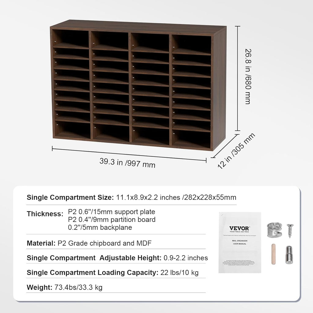 VEVOR Literature Organizer, 36 Compartments Office Mailbox with Adjustable Shelves, Wooden Mailbox Sorter Medium Density Fiberboard Office Home Classroom Storage for Files, Documents, Papers, Grey