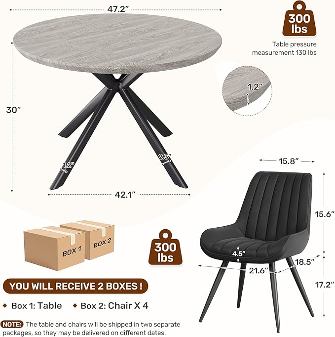 47.2" 5-Piece Round Dining Table Set for 4, Modern Wood Dining Table with 4 Upholstered Chairs, Kitchen & Dining Room Table Set with Metal Base for Apartment, Small Space, Grey Table+4 Balck Chairs