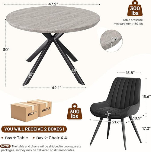 47.2" 5-Piece Round Dining Table Set for 4, Modern Wood Dining Table with 4 Upholstered Chairs, Kitchen & Dining Room Table Set with Metal Base for Apartment, Small Space, Grey Table+4 Balck Chairs