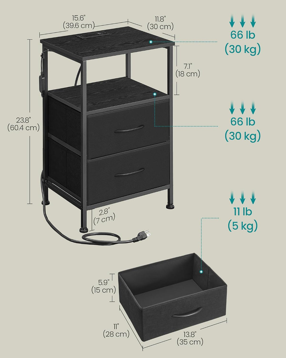 SONGMICS BELLAH Collection - Nightstand with Charging Station and App-Control...