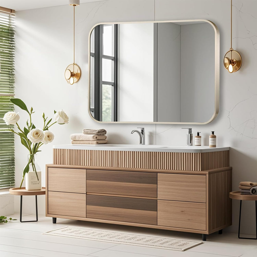 24x36 Inch Brushed Nickel Bathroom Mirror, Framed Rectangle Mirror with Round...
