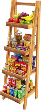 4-Tier Acacia Wood Display Ladder Shelf, Rustic Storage Stand for Fruits, Beverages, Snacks