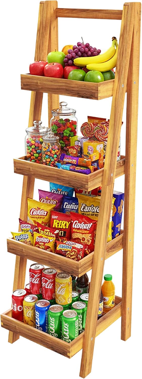 4-Tier Acacia Wood Display Ladder Shelf, Rustic Storage Stand for Fruits, Beverages, Snacks