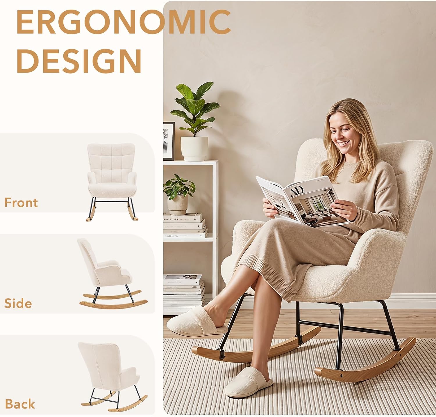 Furniliving Nursery Rocking Chair Modern Armchair Upholstered Glider Rocking Chair Nursery Chair Reading Chair with High Backrest Solid Wood Base for Bedroom, Living Room, Office, White, Teddy