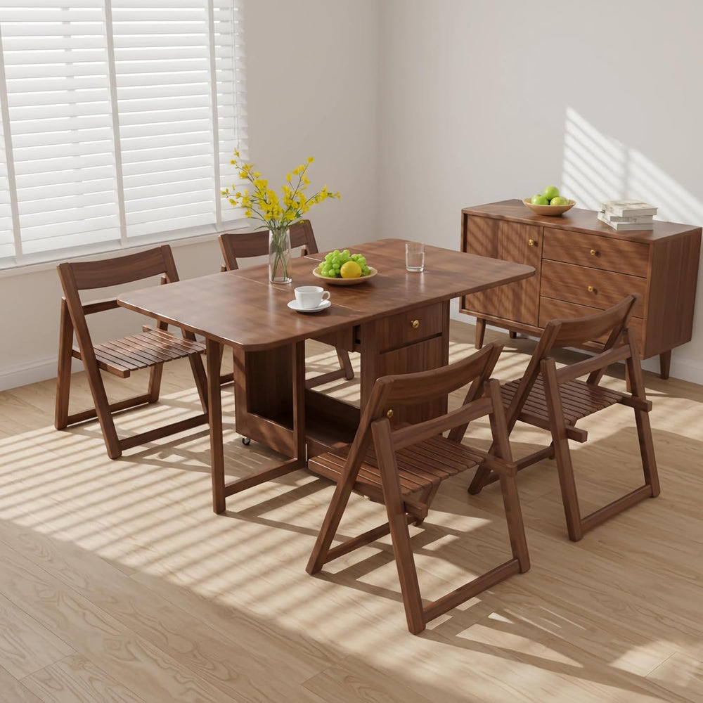 Extendable Drop Leaf Folding Dining Table with 2 Hidden Storage Drawers and 4...