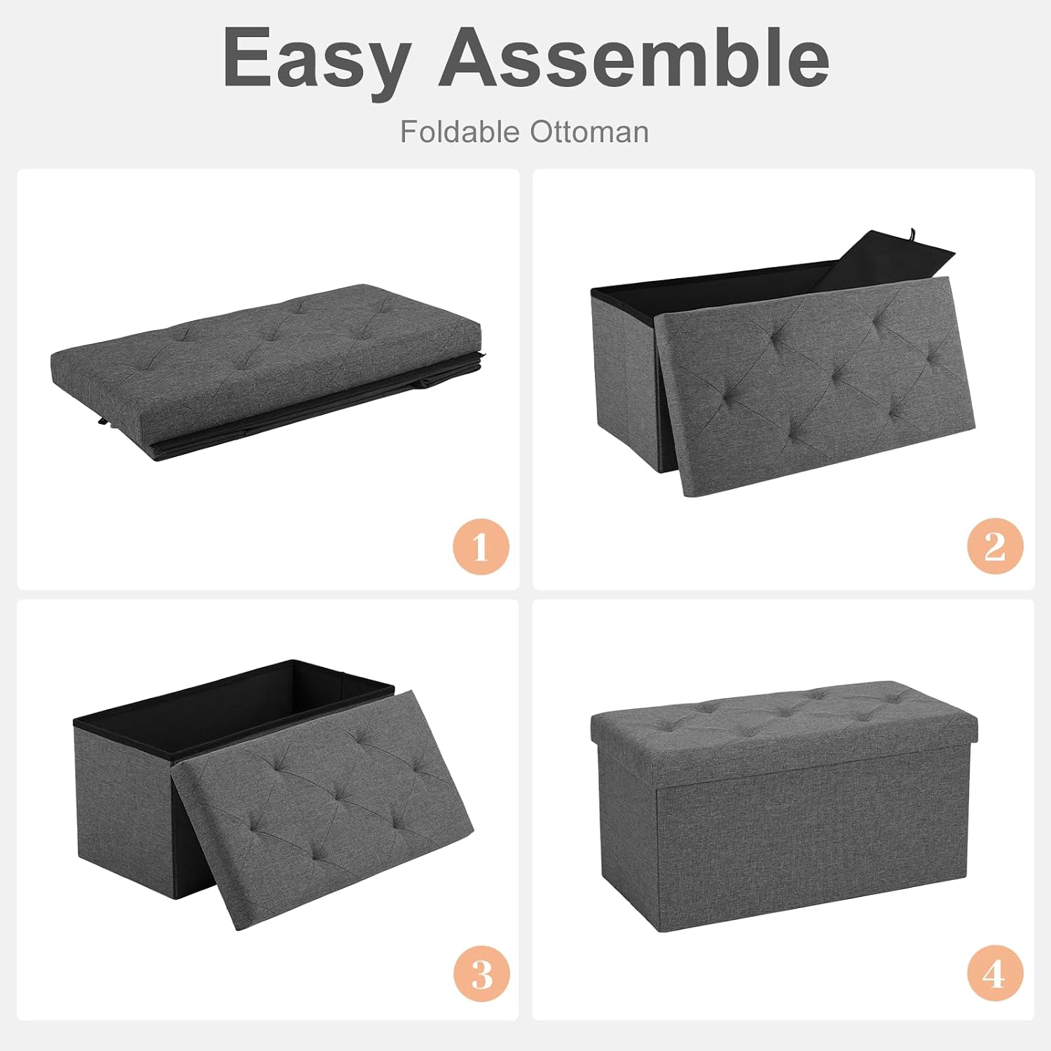 Sweetcrispy 30 Inch Folding Storage Ottoman Bench, Ottoman with Storage | Large Hidden Storage Chest with Padded Seat, Foot Rest Stool, End of Bed Bench for Bedroom, Living Room, Linen Fabric, Gray