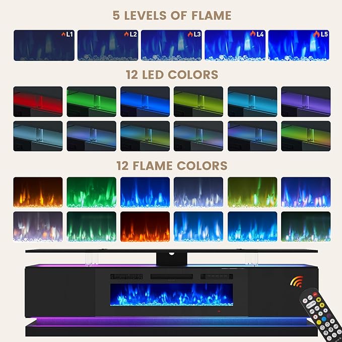 70" Fireplace TV Stand, Modern Entertainment Center for TVs Up to 80”, TV Console with Storage Cabinets, Media Console for Living Room, Glossy Black TV Stand and Black Fireplace