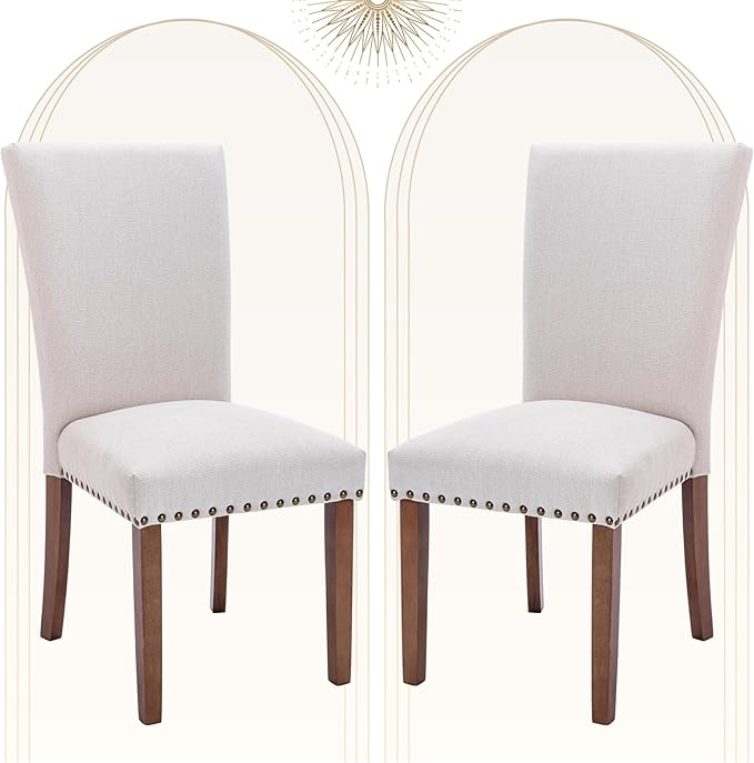 COLAMY Upholstered Dining Chairs Set of 2, Parsons Style Side Chairs with Nailhead Trim and Solid Wood Legs, Comfortable Linen Fabric for Kitchen & Dining Room – Beige
