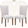 COLAMY Upholstered Dining Chairs Set of 2, Parsons Style Side Chairs with Nailhead Trim and Solid Wood Legs, Comfortable Linen Fabric for Kitchen & Dining Room – Beige