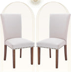 COLAMY Upholstered Dining Chairs Set of 2, Parsons Style Side Chairs with Nailhead Trim and Solid Wood Legs, Comfortable Linen Fabric for Kitchen & Dining Room – Beige