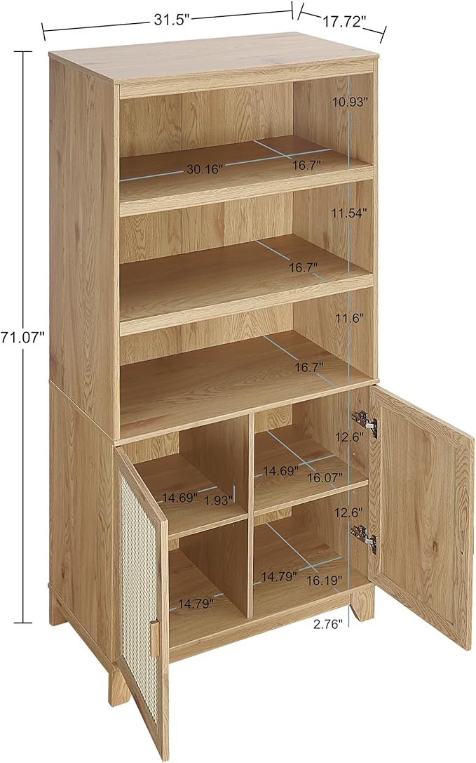 Manhattan Comfort Sheridan Modern Cane Bookcase with Adjustable Open Shelves, Soft Close Doors, and Concealed Compartments, Versatile 3 Tier Bookshelf Storage for Home and Office, Set of 1, Nature
