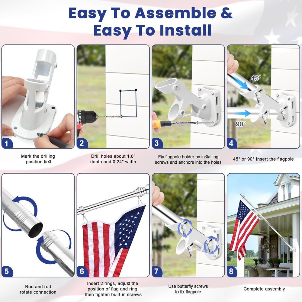 American Flag with Flag Pole Kit for Outside House, 6 Ft Metal Flagpole Kit &...