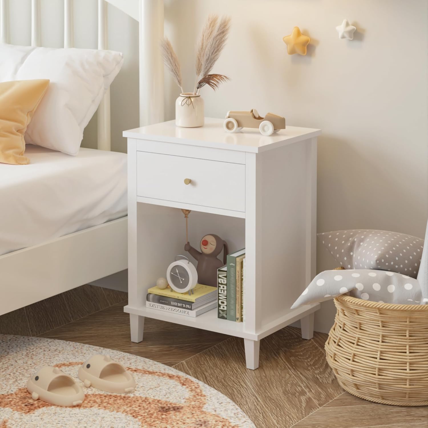 extrasleep Kids Nightstand with Storage Drawer, 27''H Wooden Toddler Night Stand for Boys Girls Toddler, Modern End Table with Shelf for Bedroom Living Room, Kids Small Bedside Table (White)