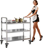 uyoyous 3 Tier Stainless Steel Utility Cart Commercial Serving cart with 360°Rotation Wheels Kitchen Island Load Up 400 lbs Stainless Steel Work Cart for Hotel Restaurant Home 30" L x 16" W x 33" H