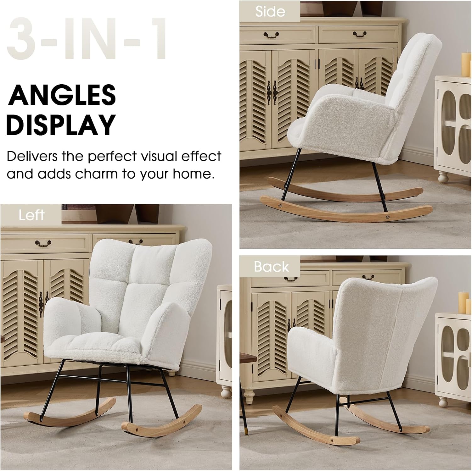 Nursery Rocking Chair, Teddy Upholstered Glider Chair with Thick Cushion, Tufted Gliding Rocker Chair with Wood Leg, Cozy Rocking Armchair, Accent Rocking Chair for Living Room (Ivory)