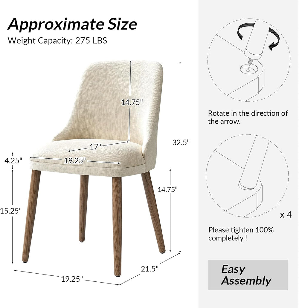 HULALA HOME Dining Chairs Set of 2, Ivory Fabric Upholstered Dining Room Chai...