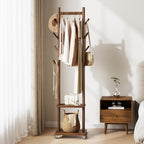 Yoobure Solid Wood Coat Rack Freestanding - Rolling Clothes Rack with 8 Hooks & Shelves, Small Clothing Rack with Wheels, Heavy Duty Clothing Racks for Hanging Clothes, Portable Hall Tree for Entryway