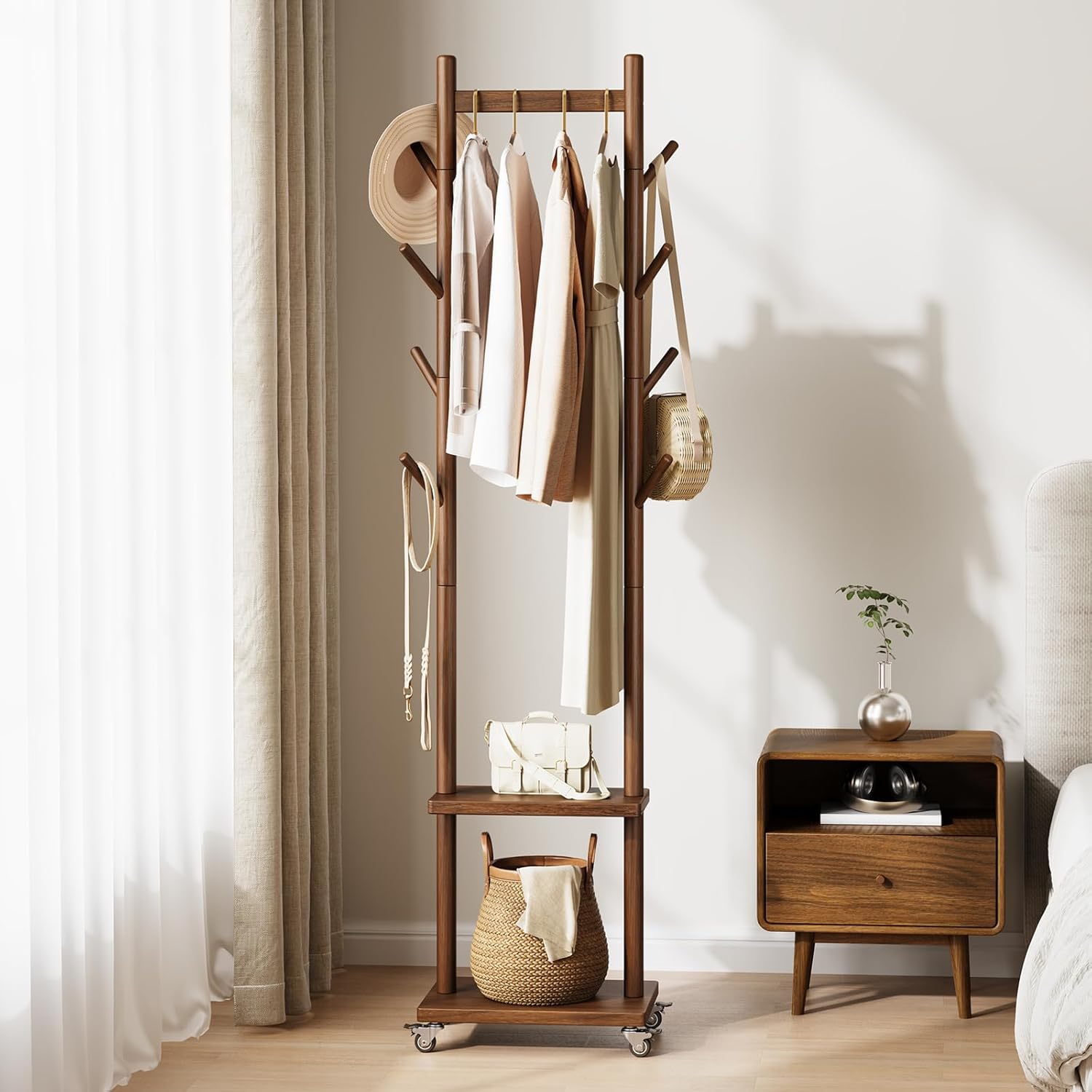 Yoobure Solid Wood Coat Rack Freestanding - Rolling Clothes Rack with 8 Hooks & Shelves, Small Clothing Rack with Wheels, Heavy Duty Clothing Racks for Hanging Clothes, Portable Hall Tree for Entryway