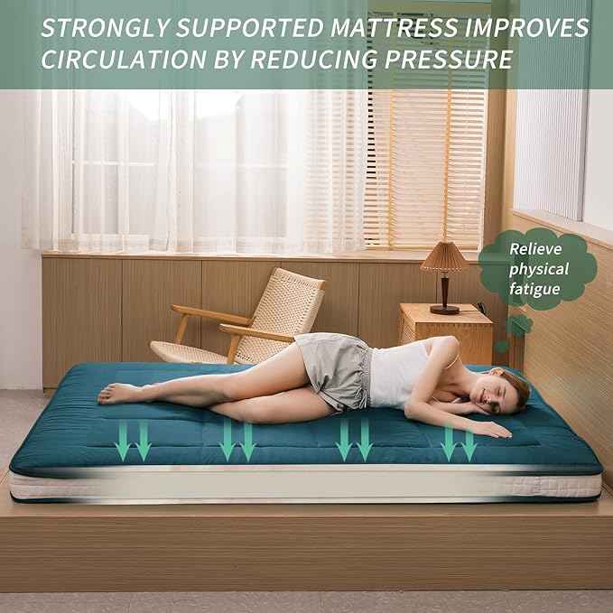 MAXYOYO Futon Mattress, Padded Japanese Floor Mattress Quilted Bed Mattress Topper, Extra Thick Folding Sleeping Pad Breathable Floor Lounger Guest Bed for Camping Couch, Bluestone, Queen