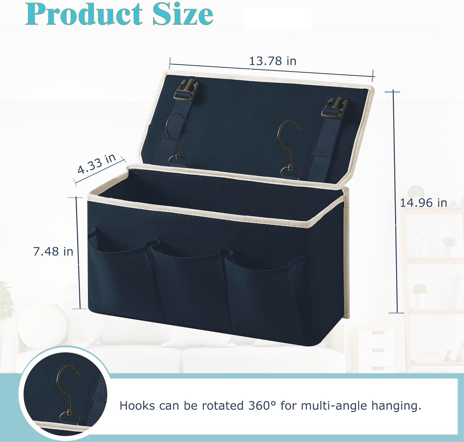 Bedside Caddy/Bedside Storage Organizer Hanging Bag with Three Options,Suitable for home beds, sofas, and dormitory beds—can hold magazines, books, phones, iPads, remote controls. (Navy Blue)