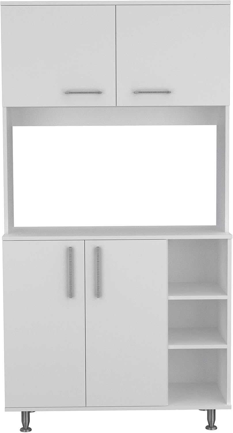 Modern Kitchen Pantry with 4 Legs, Double Door Cabinet, 3 Shelves, White, Par...